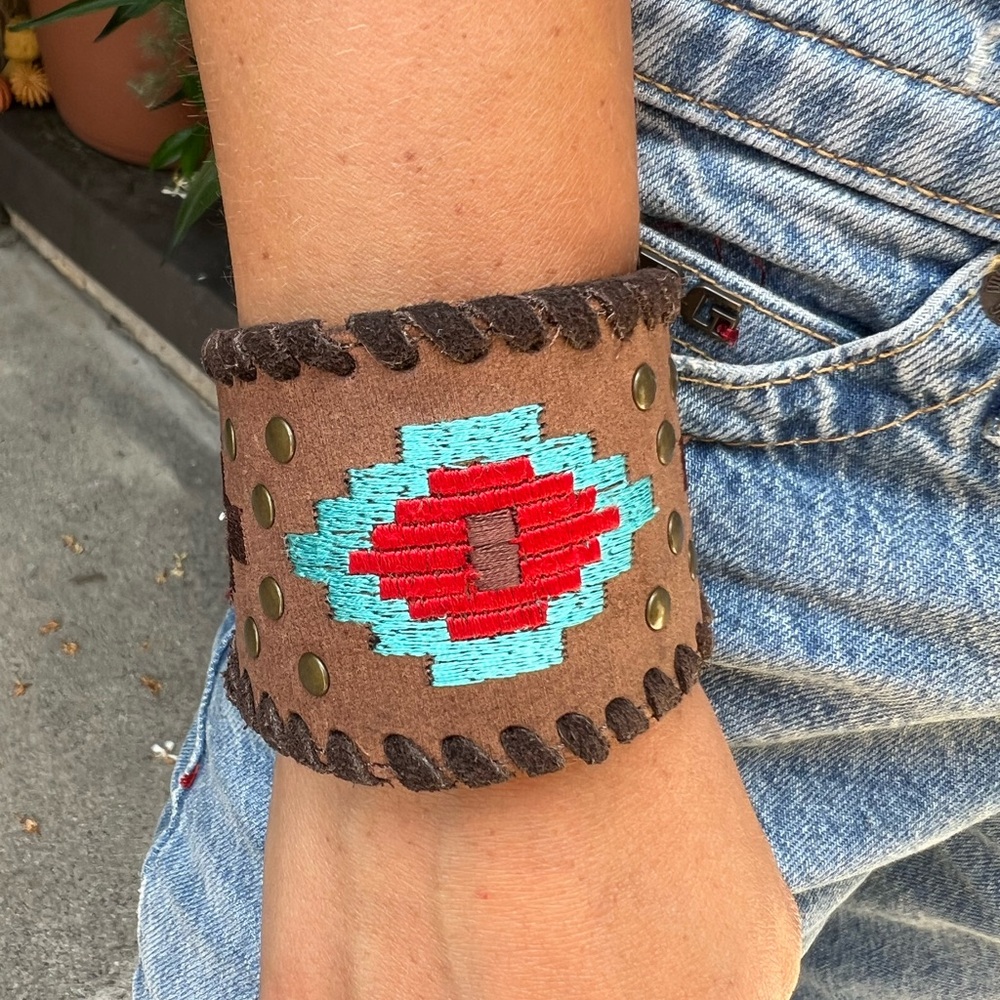 Vintage Brown Leather Cuff with Red and Blue Embroidery